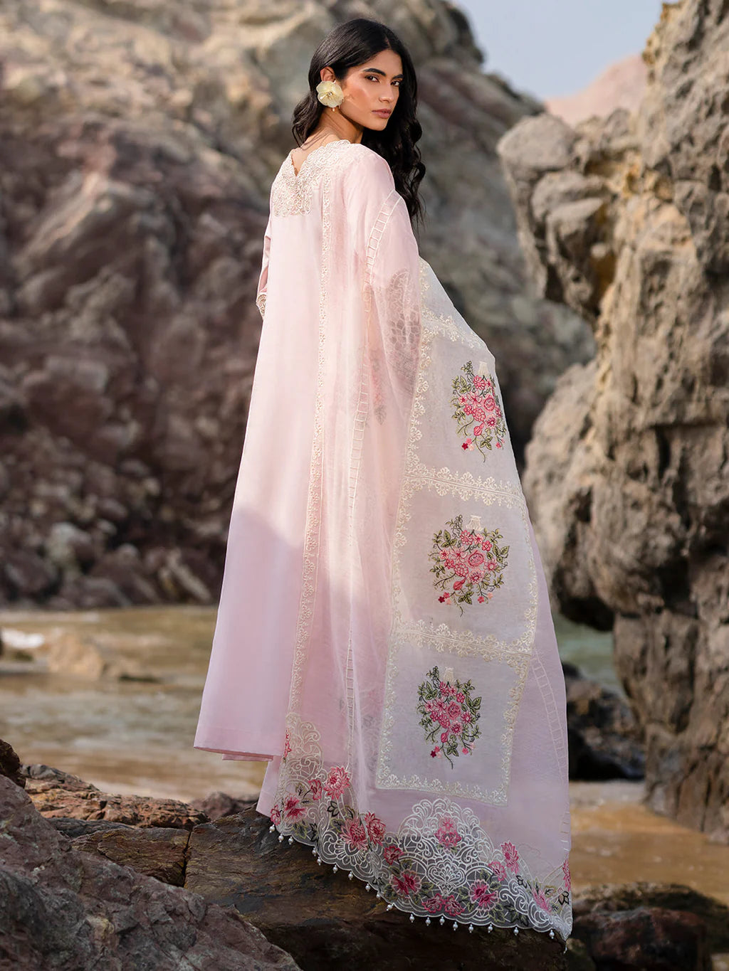 MAHNUR-3PC LAWN LASER WORK EMBROIDERED SHIRT WITH KHAADI NET EMBROIDERED DUPATTA AND TROUSER-UR-