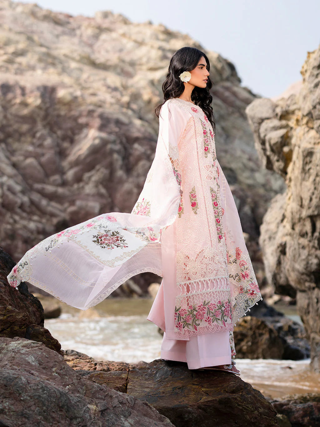 MAHNUR-3PC LAWN LASER WORK EMBROIDERED SHIRT WITH KHAADI NET EMBROIDERED DUPATTA AND TROUSER-UR-