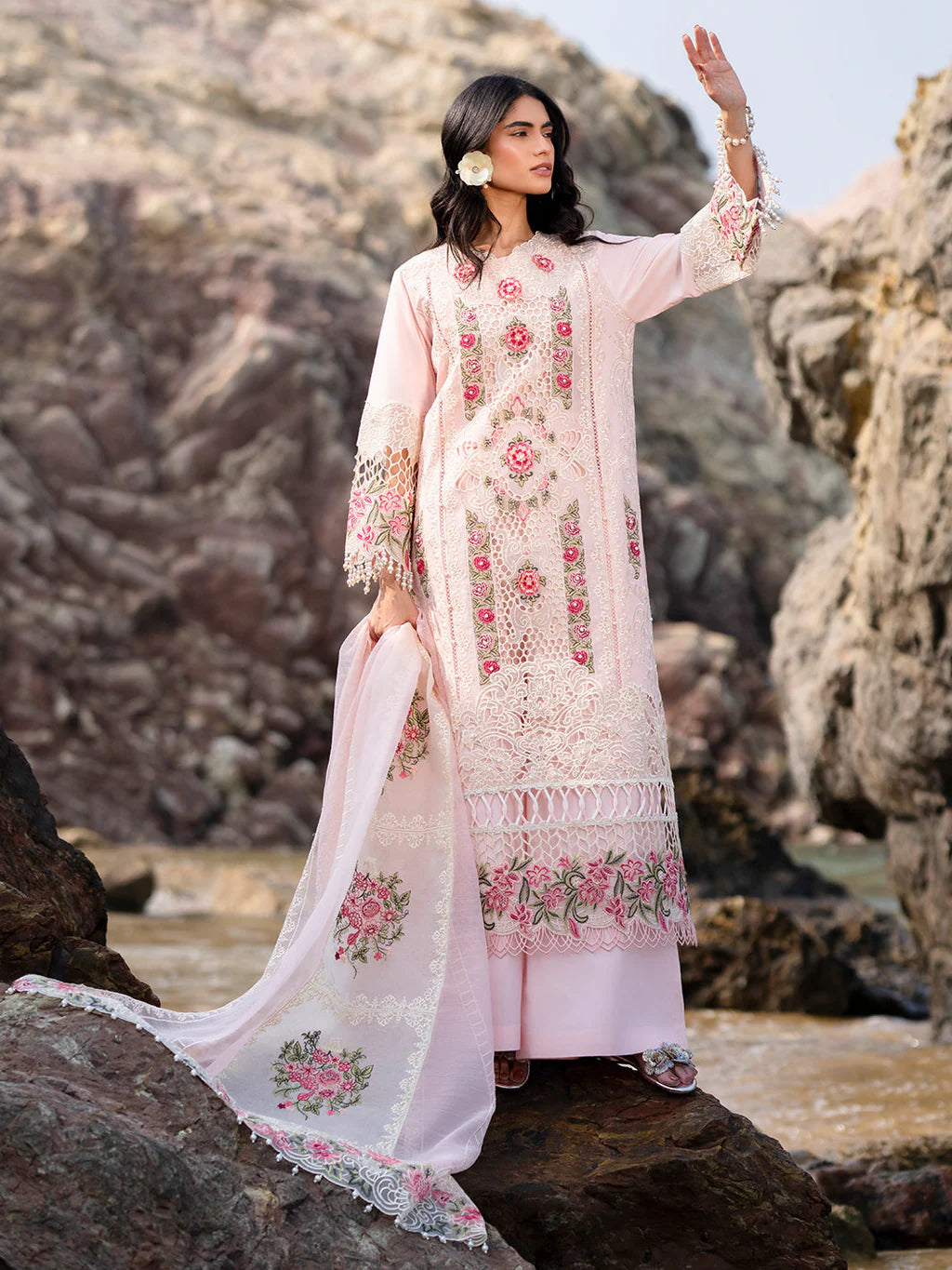 MAHNUR-3PC LAWN LASER WORK EMBROIDERED SHIRT WITH KHAADI NET EMBROIDERED DUPATTA AND TROUSER-UR-