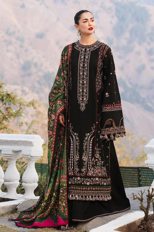 HUSSAIN REHAR-3PC KARANDI EMBROIDERED SHIRT WITH COURTRAI PRINTED SHAWL AND TROUSER-UR-4093