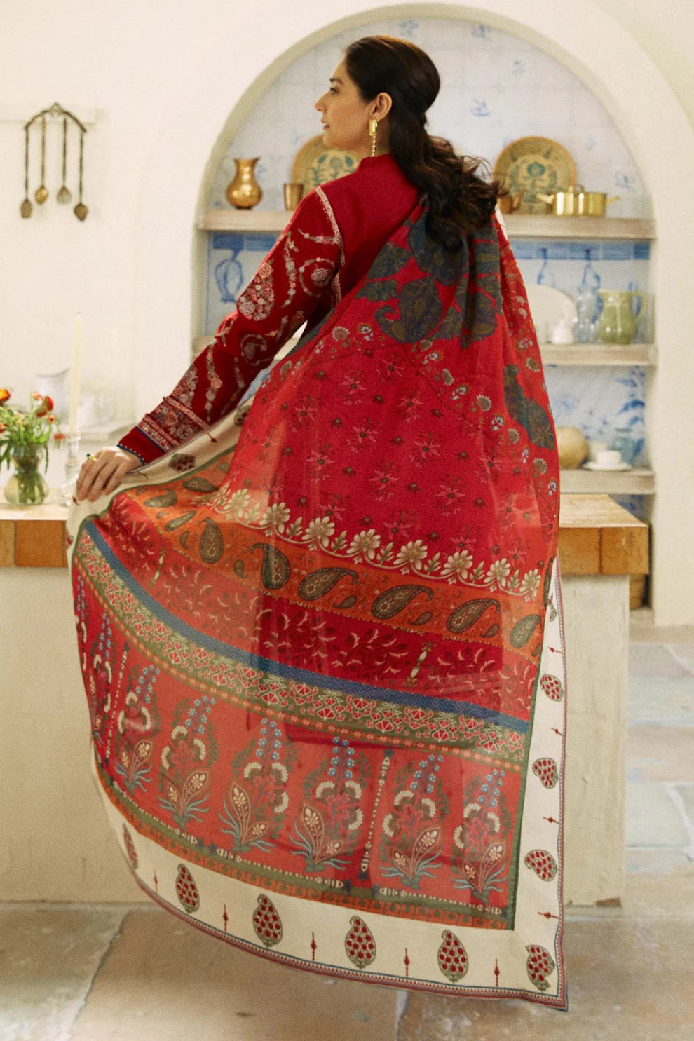 ZAHRA SHAHJAHAN- 3PC DHANAK EMBROIDERED SHIRT WITH COUTURE PRINT SHAWL AND EMBROIDERED TROUSER-TANA-1546