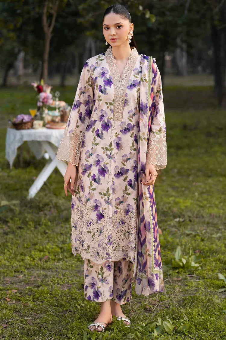 GARNET-3PC LAWN PRINTED EMB SHIRT WITH SILK PRINTED DUPATTA AND PRINTED TROUSER-UR-545