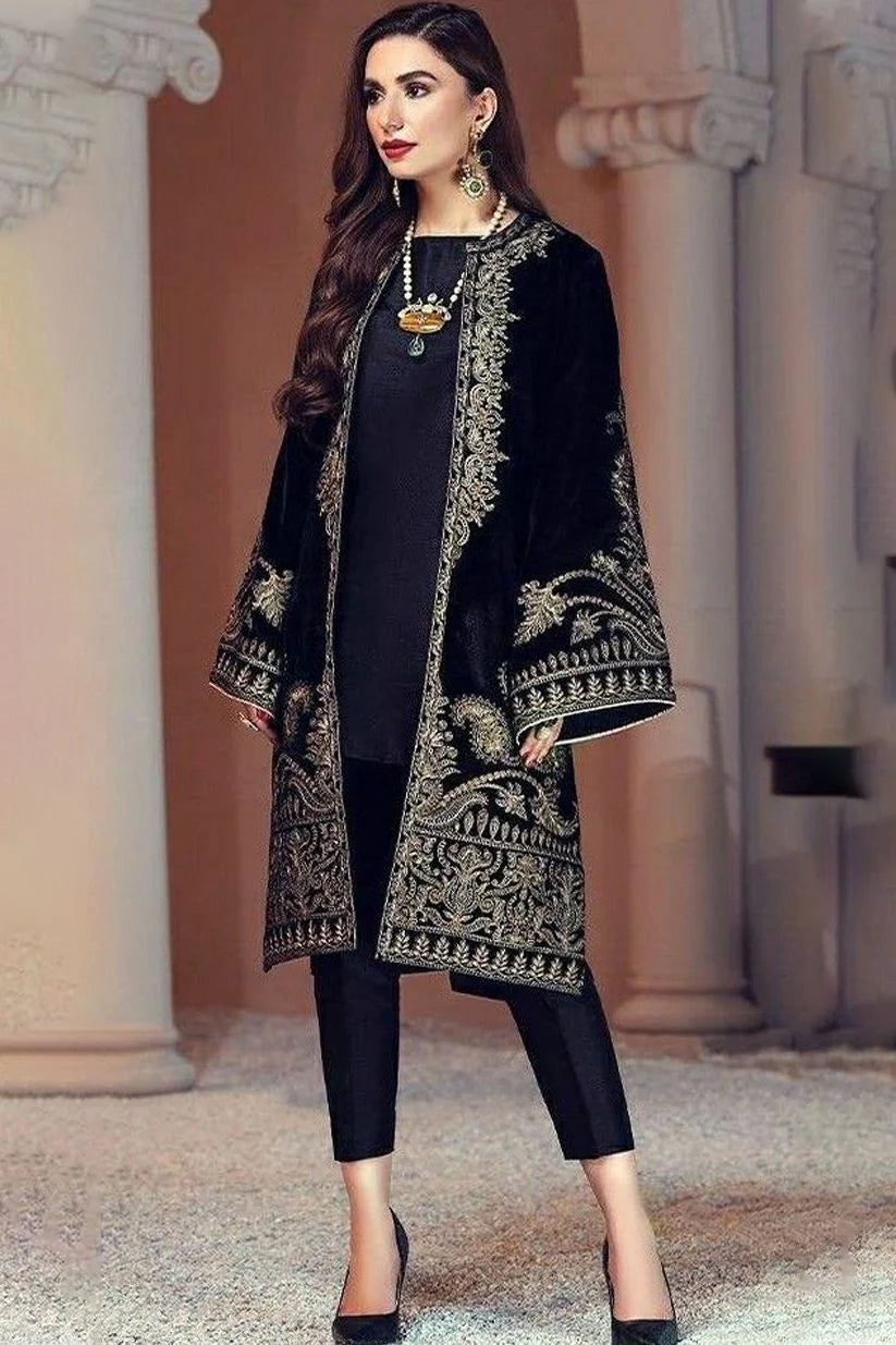 BAROUQUE-VELVET 2PC- EMBROIDERED WORK SHIRT WITH SILK INNER AND SILK TROUSER-TANA-1600-MICRO VELVET