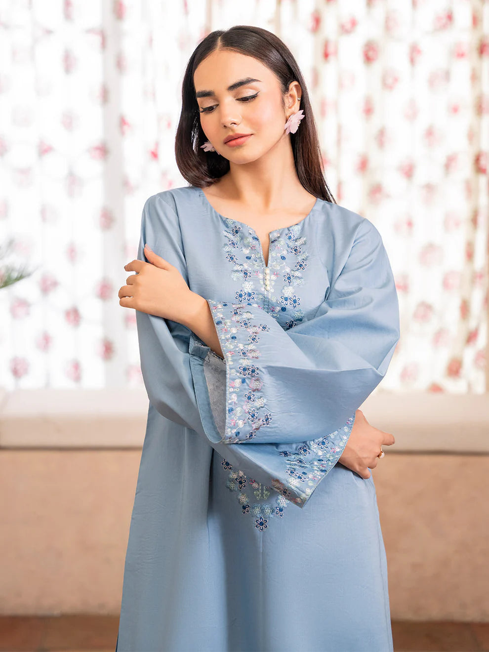 IZEL-2PC DHANAK EMBROIDERED SHIRT WITH DHANAK TROUSER-UR-3310