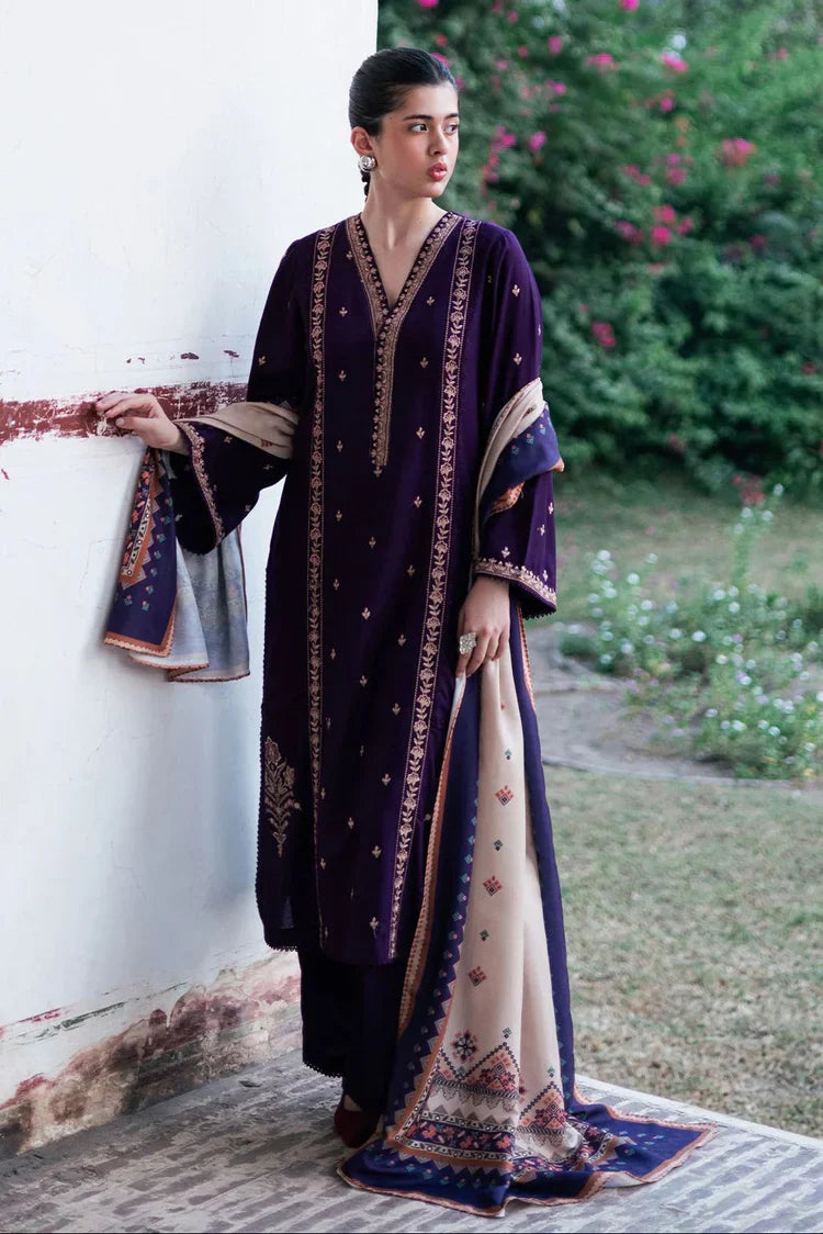 HUSSAIN RAHER-3PC DHANAK EMBROIDERED SHIRT WITH COURTRAI PRINTED SHAWL & TROUSER-