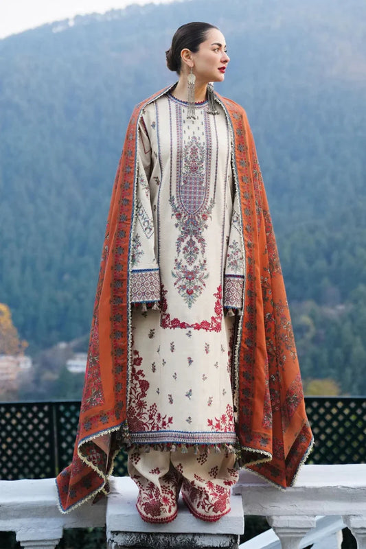 HUSSAIN REHAR-3PC DHANAK EMBROIDERED SHIRT WITH COURTRAI PRINTED SHAWL AND TROUSER-UR-4082