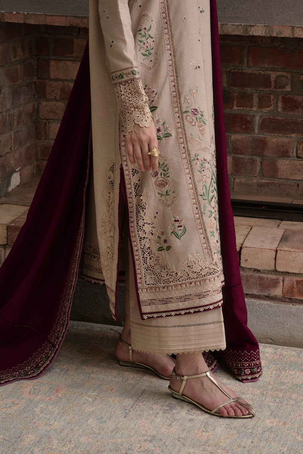 ZAIB-3PC DHANAK EMBROIDERED SHIRT WITH DHANAK EMBROIDERED SHAWL AND TROUSER-UR-4099