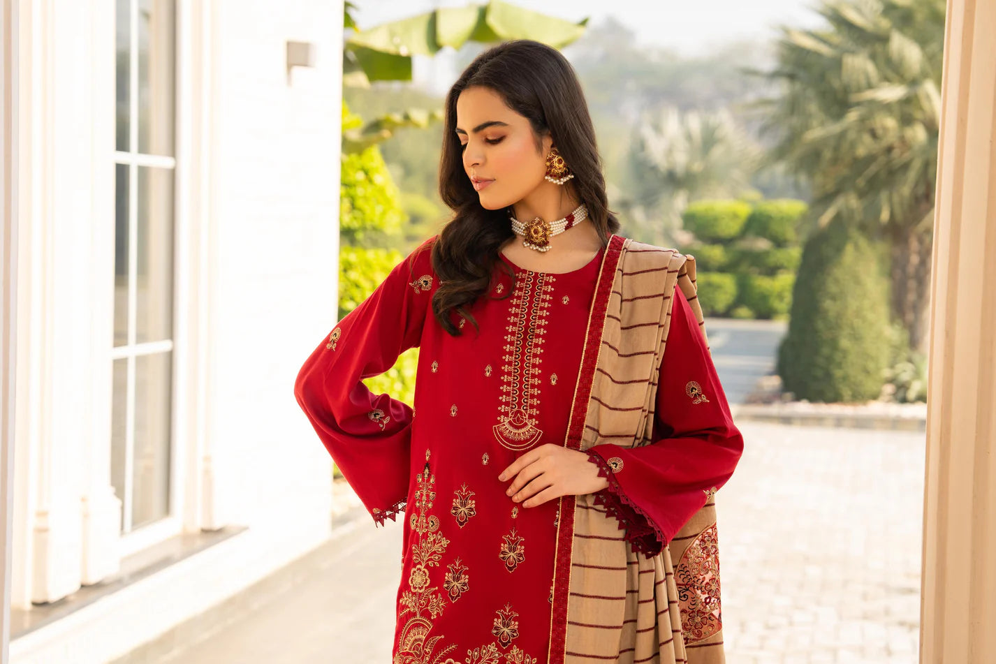 TANA BANA-3PC DHANAK CUTWORK EMBROIDERED SHIRT WITH HEAVY CUTWORK EMBROIDERED JACQUARD WOOL SHAWL -TBF-1002