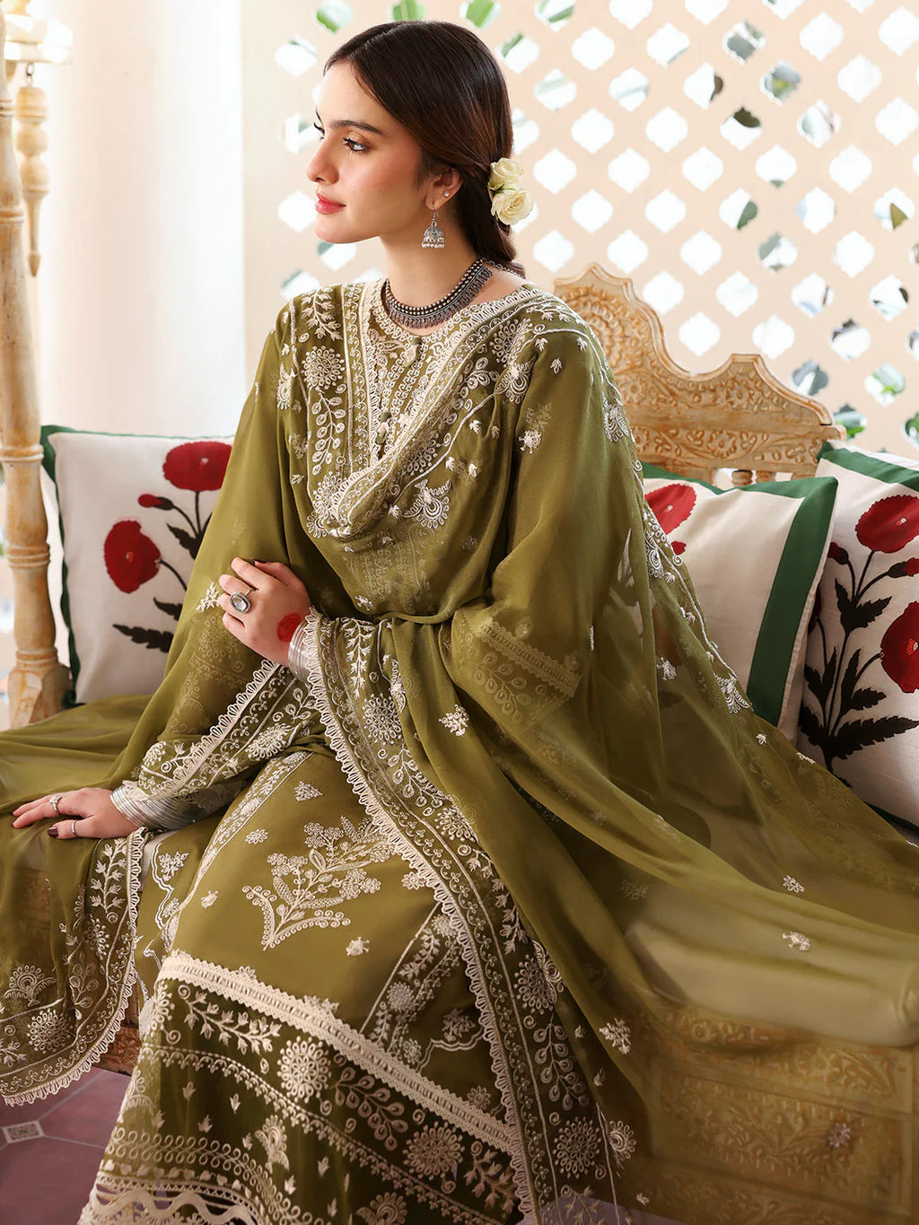 MAHNUR-3PC DHANAK EMBROIDERED SHIRT WITH DHANAK EMBROIDERED SHAWL & TROUSER-UR-3866