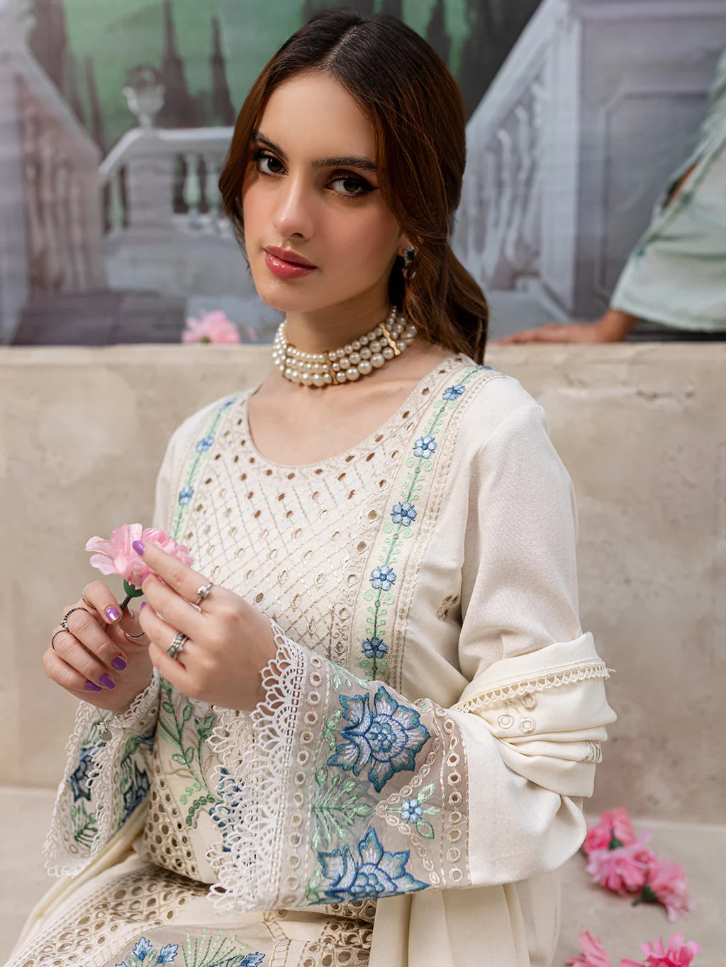MAHNUR-3PC LAWN LASERCUT EMB SHIRT WITH LAWN LASERCUT EMB DUPATTA & TROUSE-UR-3570