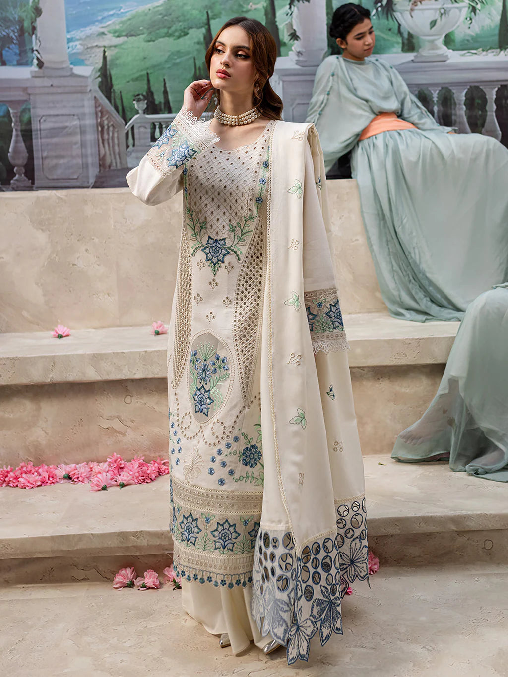 MAHNUR-3PC LAWN LASERCUT EMB SHIRT WITH LAWN LASERCUT EMB DUPATTA & TROUSE-UR-3570
