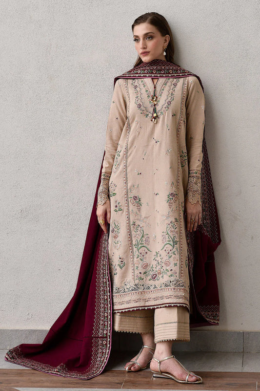 ZAIB-3PC DHANAK EMBROIDERED SHIRT WITH DHANAK EMBROIDERED SHAWL AND TROUSER-UR-4099