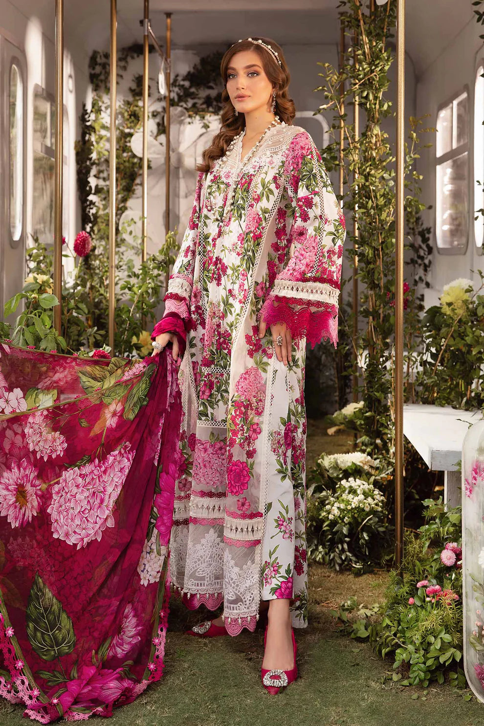 MARIA.B-3PC LAWN PRINTED EMB SHIRT WITH CHIFFON PRINT DUPATTA AND PRINT TROUSER-UR-3253