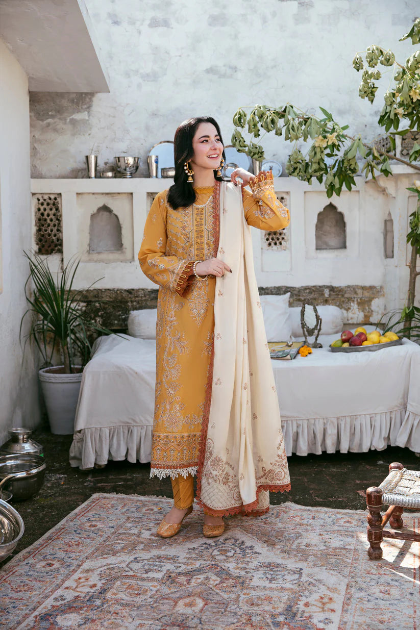 FLORENT-3PC DHANAK EMBROIDERED SHIRT WITH DHANAK EMBROIDERED SHAWL AND TROUSER -UR-4033