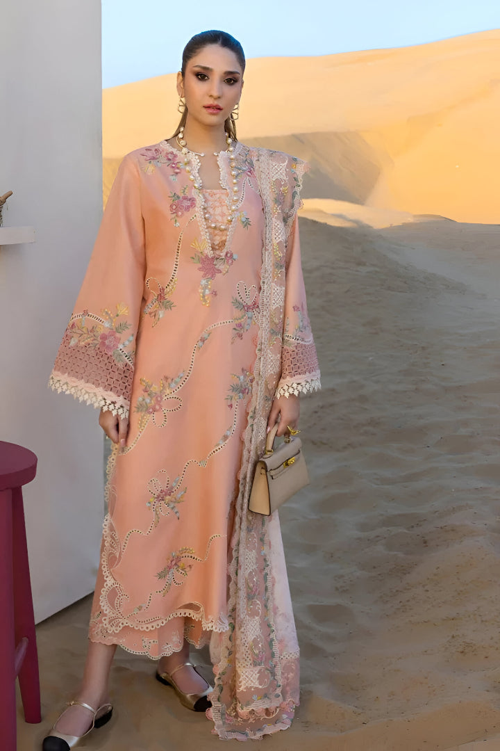 CRIMSON-3PC LAWN CHIKAANKARI EMBROIDERED SHIRT WITH CHIFOON PRINTED EMB DUPATTA AND EMB TROUSER-UR-3613