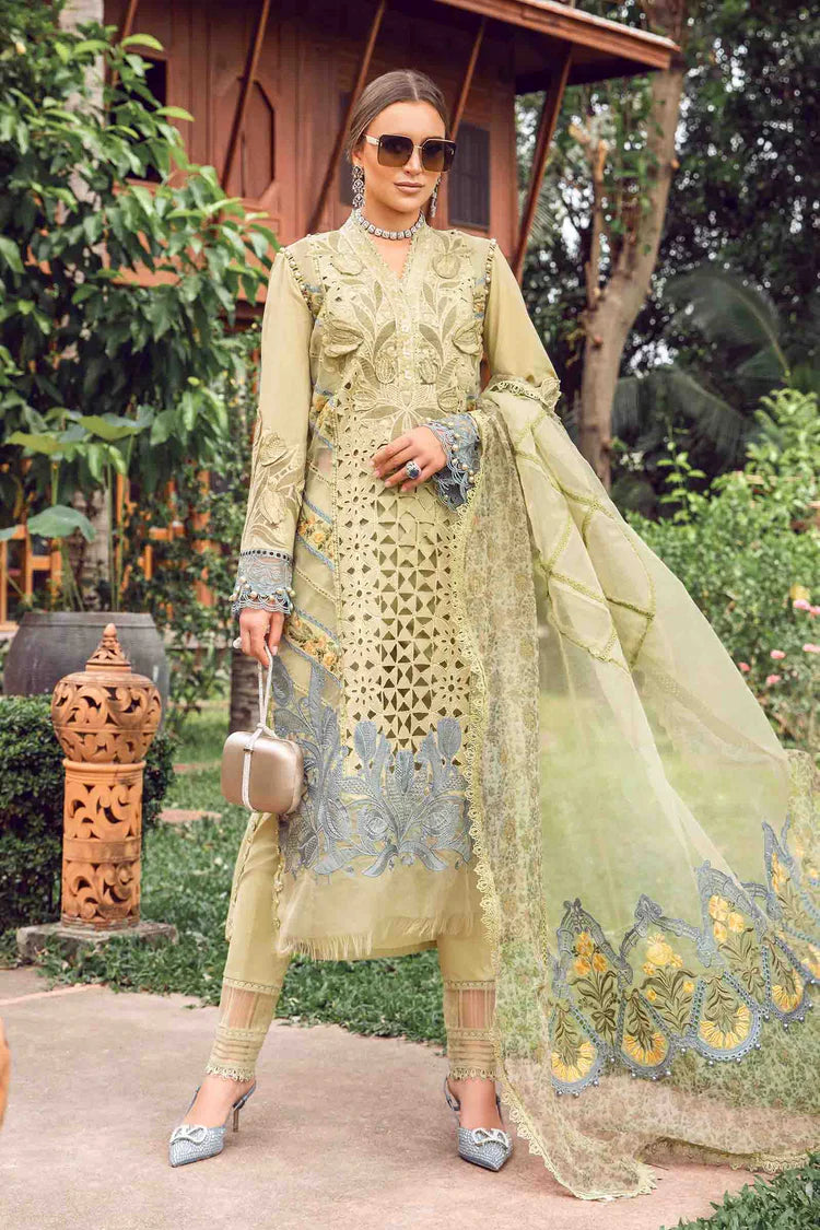 MARIA.B-3PC LAWN EMBROIDERED SHIRT WITH EMBROIDERED ORGANZA DAMAN CHIFFON PRINTED EMB DUPATTA AND EMB TROUSER-UR-3560