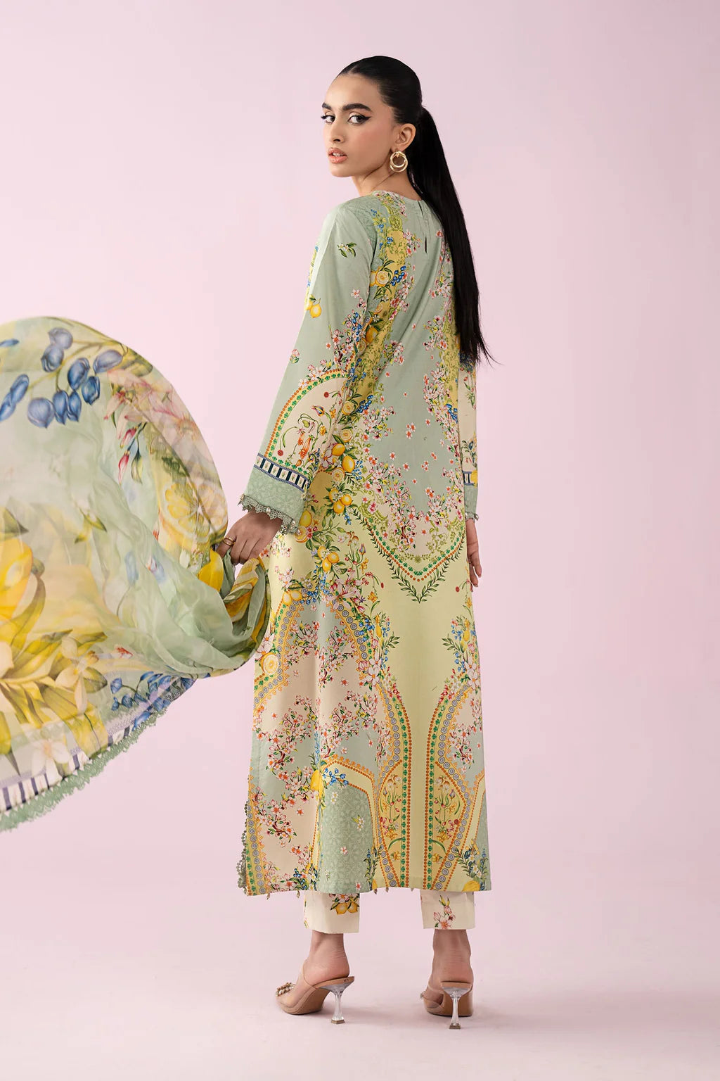 MARIA.B-3PC LAWN PRINTED EMB SHIRT WITH SILK PRINTED DUPATTA AND TROUSER-UR-534