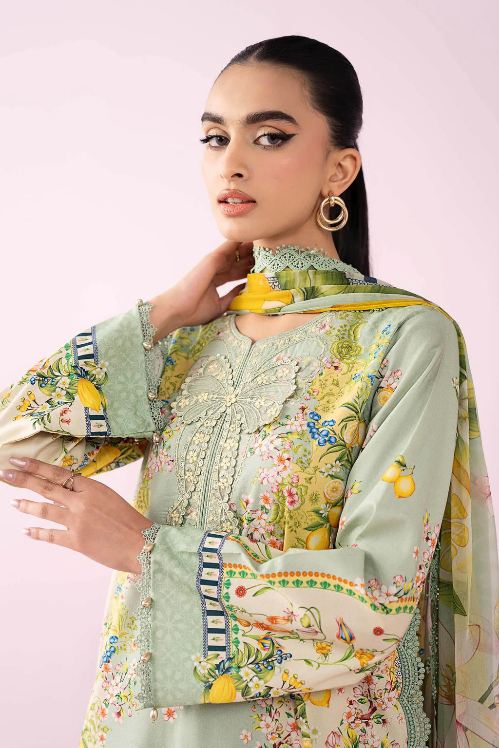 MARIA.B-3PC LAWN PRINTED EMB SHIRT WITH SILK PRINTED DUPATTA AND TROUSER-UR-534