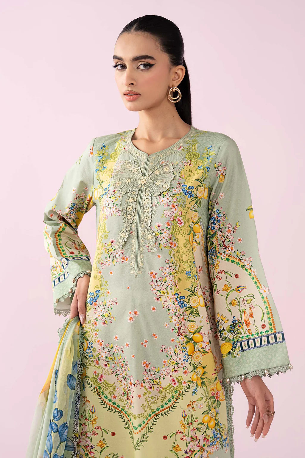 MARIA.B-3PC LAWN PRINTED EMB SHIRT WITH SILK PRINTED DUPATTA AND TROUSER-UR-534