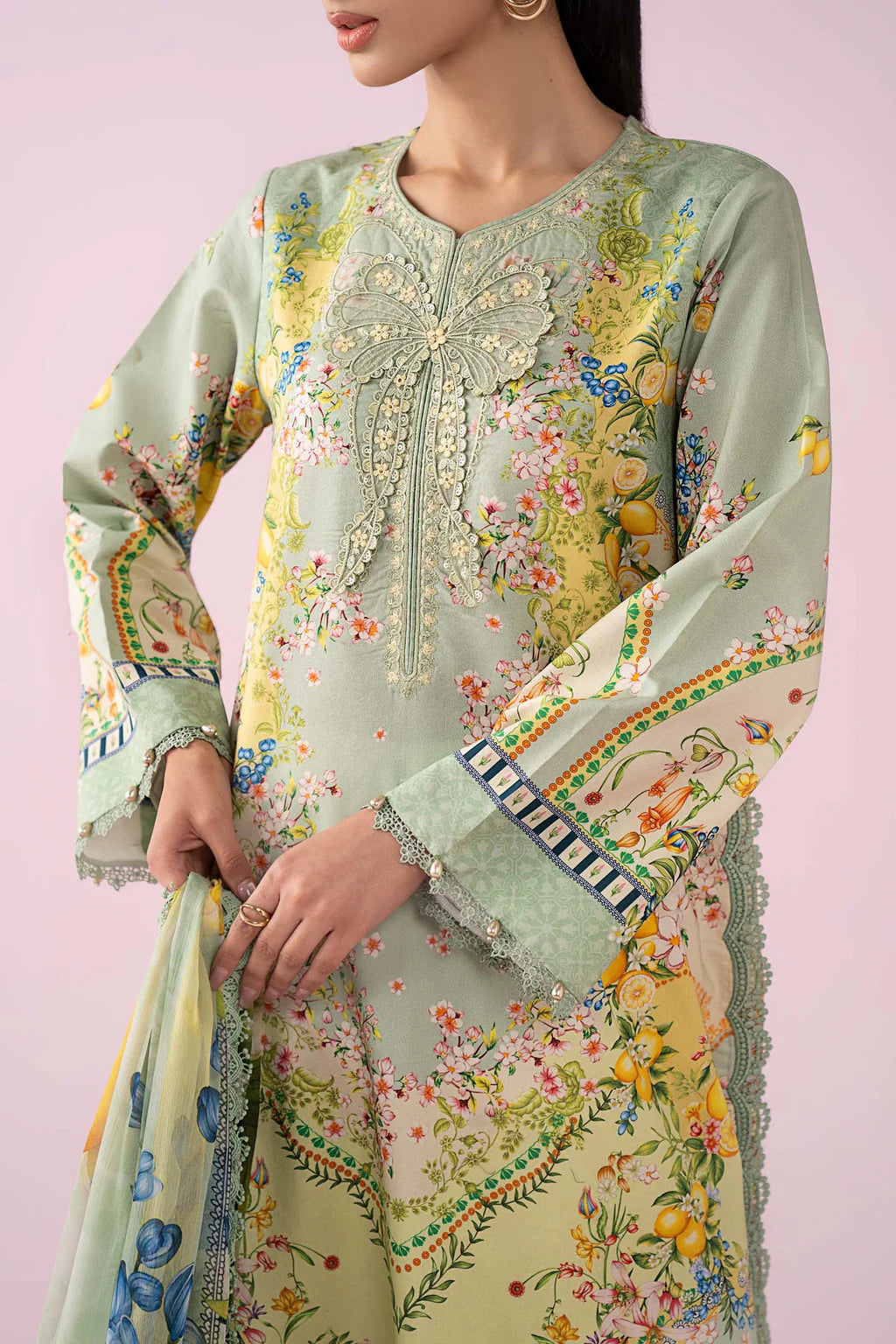 MARIA.B-3PC LAWN PRINTED EMB SHIRT WITH SILK PRINTED DUPATTA AND TROUSER-UR-534