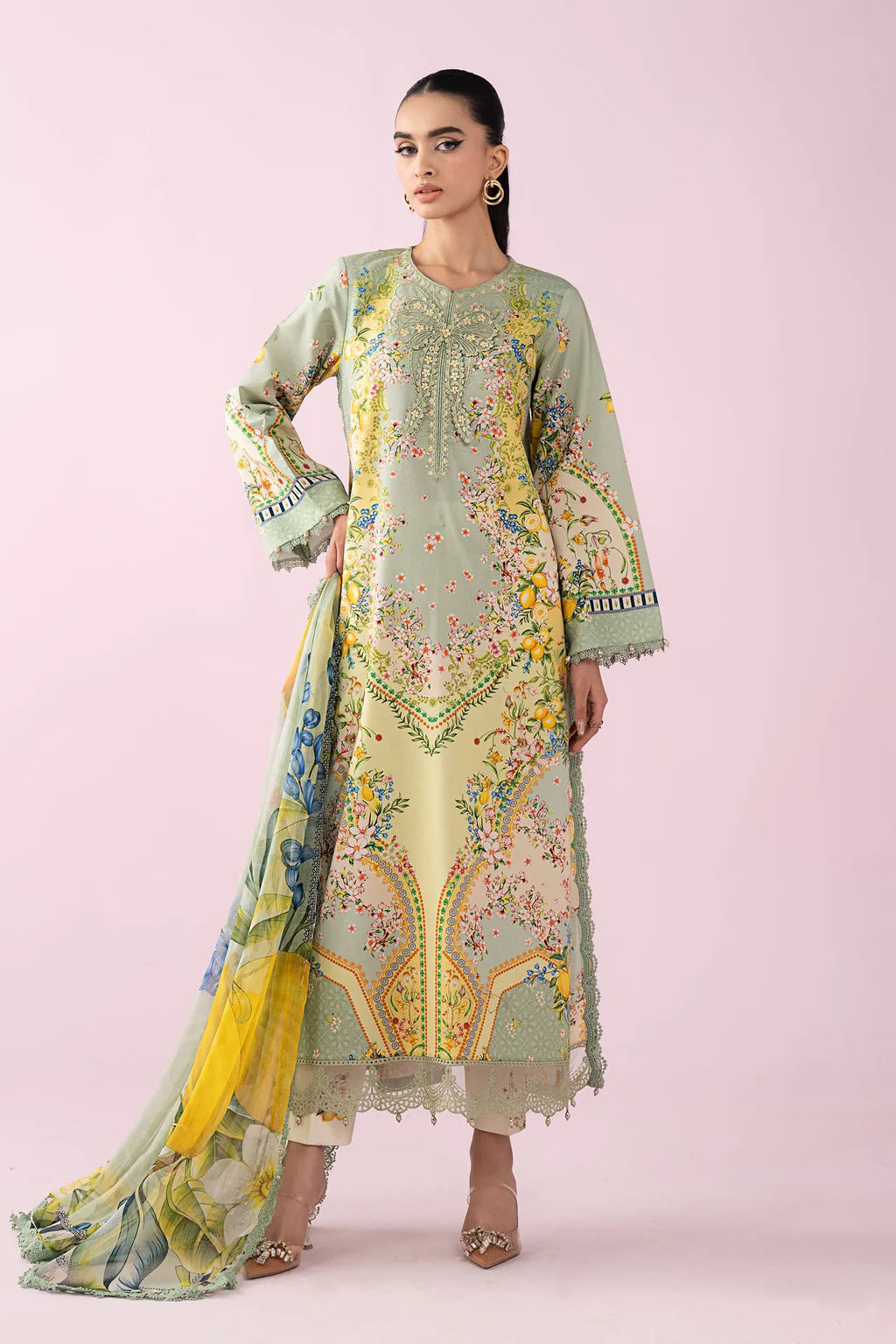 MARIA.B-3PC LAWN PRINTED EMB SHIRT WITH SILK PRINTED DUPATTA AND TROUSER-UR-534
