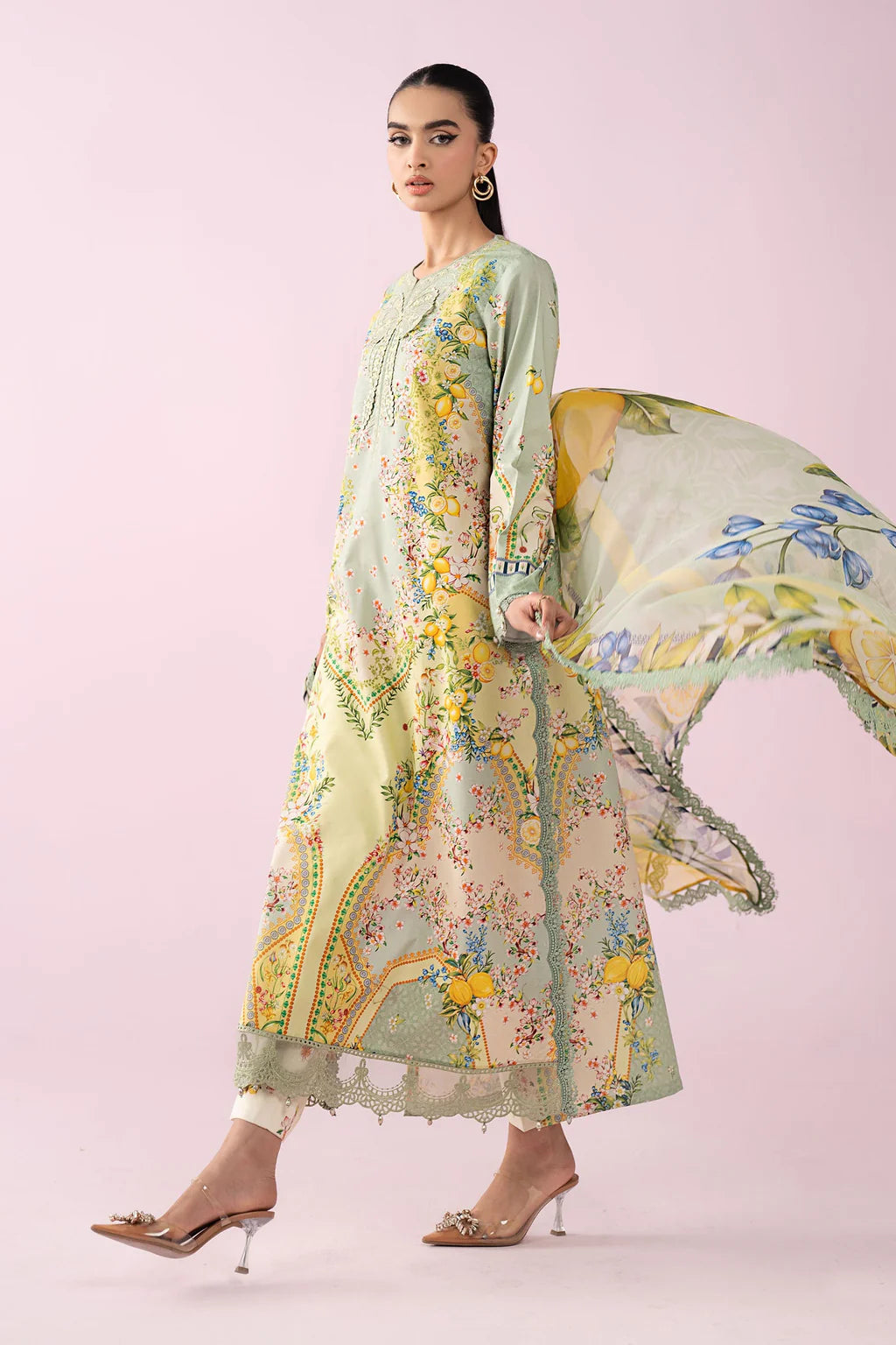 MARIA.B-3PC LAWN PRINTED EMB SHIRT WITH SILK PRINTED DUPATTA AND TROUSER-UR-534
