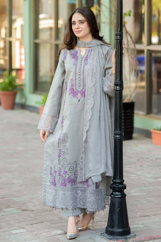 LIBAAS-3PC DHANAK EMBROIDERED SHIRT WITH CHIFFON EMBROIDERED DUPATTA AND TROUSER-UR-4072