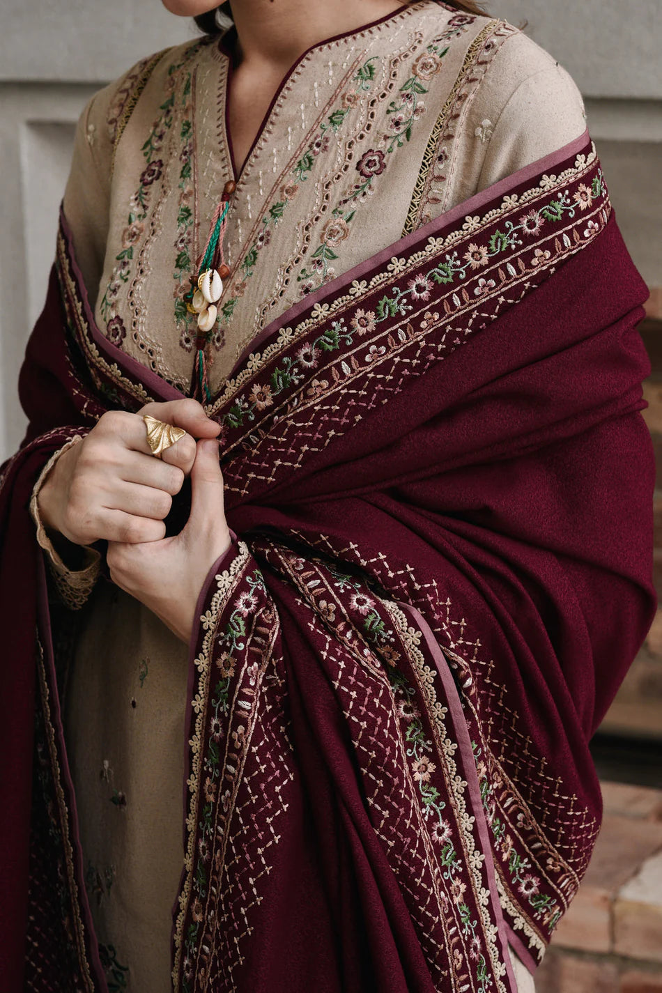 ZAIB-3PC DHANAK EMBROIDERED SHIRT WITH DHANAK EMBROIDERED SHAWL AND TROUSER-UR-4099