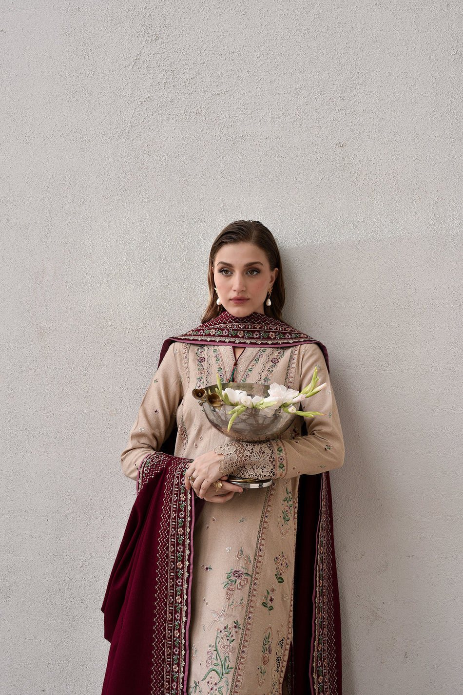 ZAIB-3PC DHANAK EMBROIDERED SHIRT WITH DHANAK EMBROIDERED SHAWL AND TROUSER-UR-4099