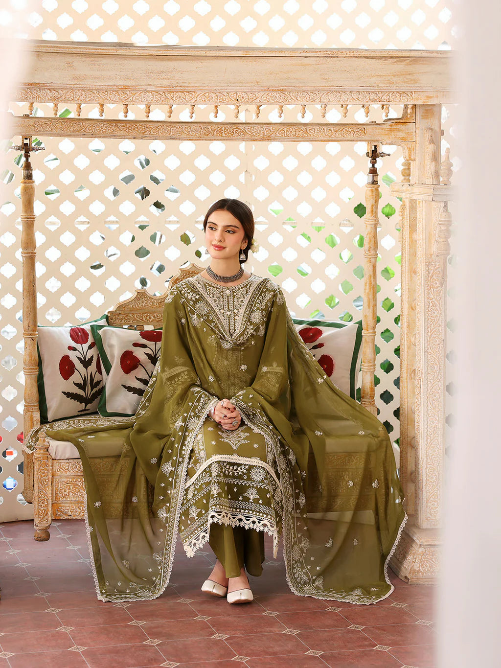MAHNUR-3PC DHANAK EMBROIDERED SHIRT WITH DHANAK EMBROIDERED SHAWL & TROUSER-UR-3866