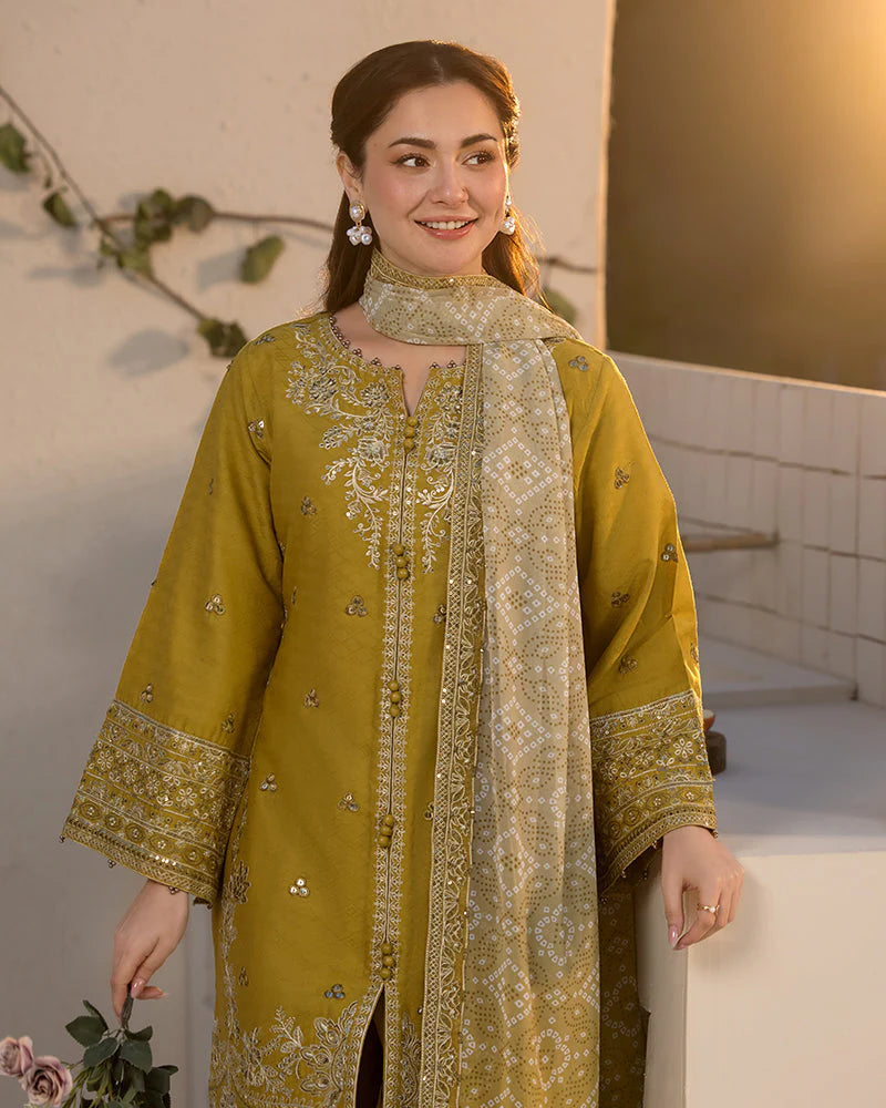 JADE-3PC LAWN EMBROIDERED SHIRT WITH MONARK PRINT DUPATTA & TROUSER-UR-3233