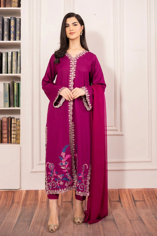 Asim Jofa-Lawn 3pc Embroidered Shirt With Bamber Chiffon Dupatta & Trouser-UR-2502