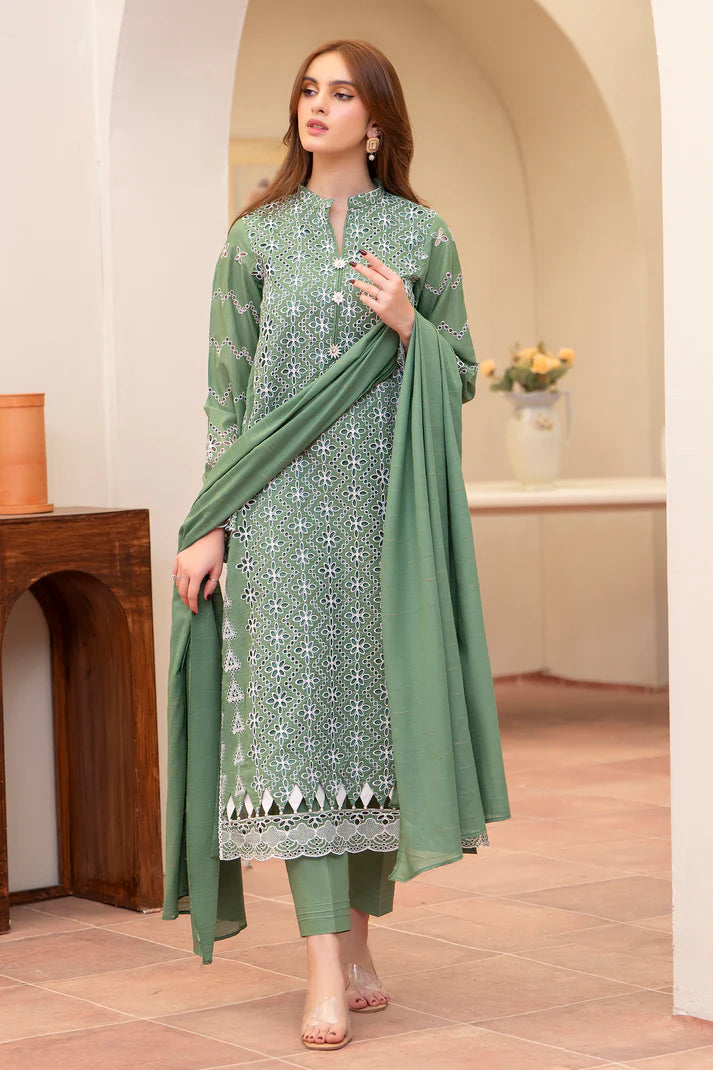 MIRAKHI-3PC LAWN CHIKENKARI EMBROIDERED SHIRT WITH LAWN TUBE SLUB DUPATTA-UR-2981