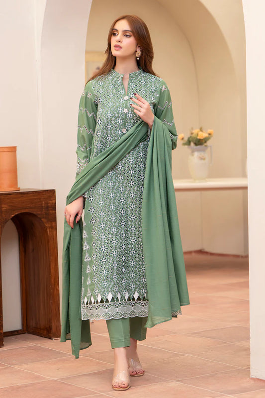MIRAKHI-3PC LAWN CHIKENKARI EMBROIDERED SHIRT WITH LAWN TUBE SLUB DUPATTA-UR-2981