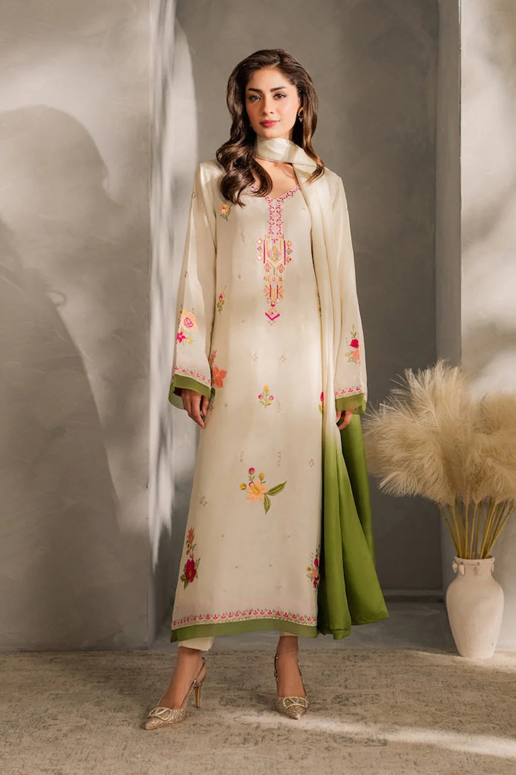 MIRANA-3PC DHANAK EMBROIDERED SHIRT WITH BAMBER CHIFFON DUPATTA AND TROUSER-UR-4083