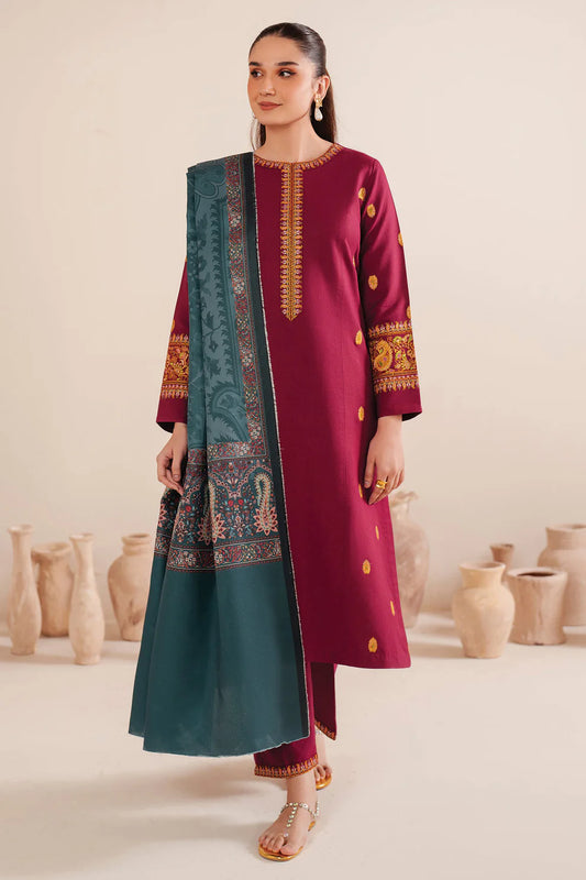 GARNET-3PC LAWN EMBROIDERED SHIRT WITH MONARK PRINT DUPATTA AND TROUSER-UR-2574