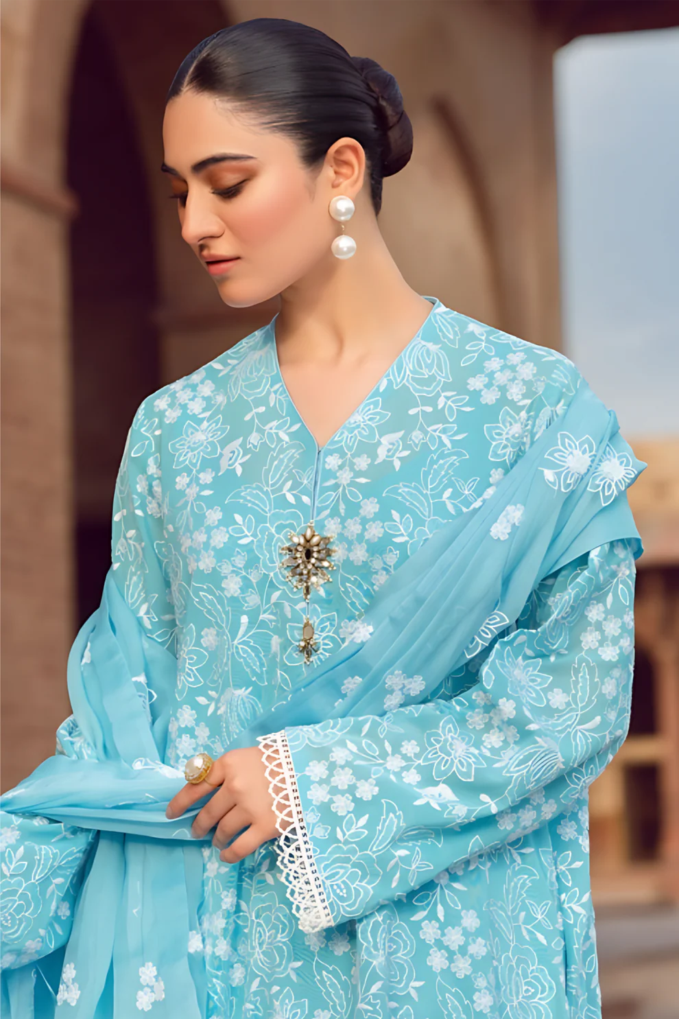 MARIA.B-3PC DHANAK EMBROIDERED SHIRT WITH CHIFFON EMBROIDERED DUPATTA AND TROUSER-UR-4055