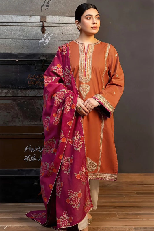 ZARA SHAHJAHAN.3PC LAWN EMBROIDERED SHIRT WITH MONARK PRINT DUPATTA AND TROUSER-UR-2571