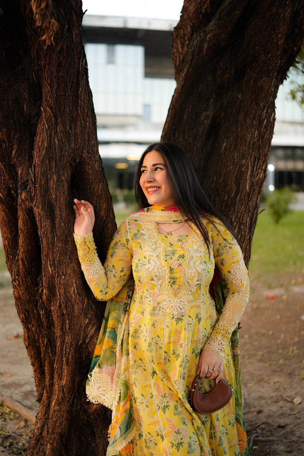 ANEELAS-3PC LAWN PRINTED EMB FROCK WITH SILK PRINTED EMB DUPATTA AND DYED TROUSER-UR-569