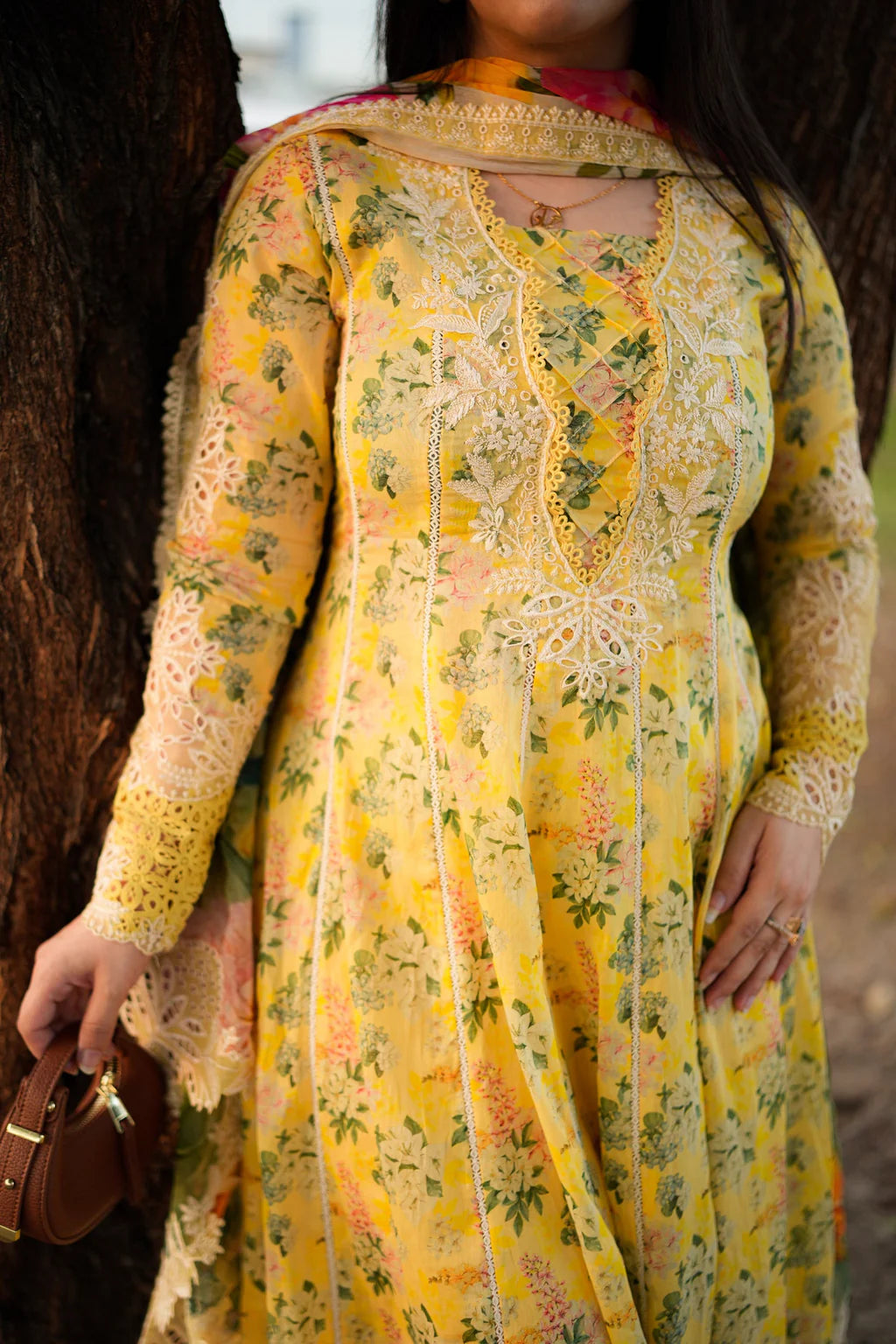 ANEELAS-3PC LAWN PRINTED EMB FROCK WITH SILK PRINTED EMB DUPATTA AND DYED TROUSER-UR-569