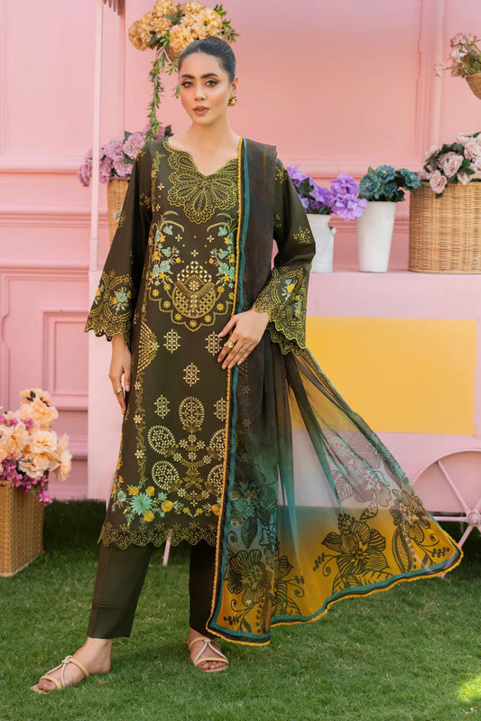 MIRAKHI - 3PC LAWN EMBROIDERED SHIRT WITH CHIFFON PRINTED DUPATTA AND TROUSER-UR-3581