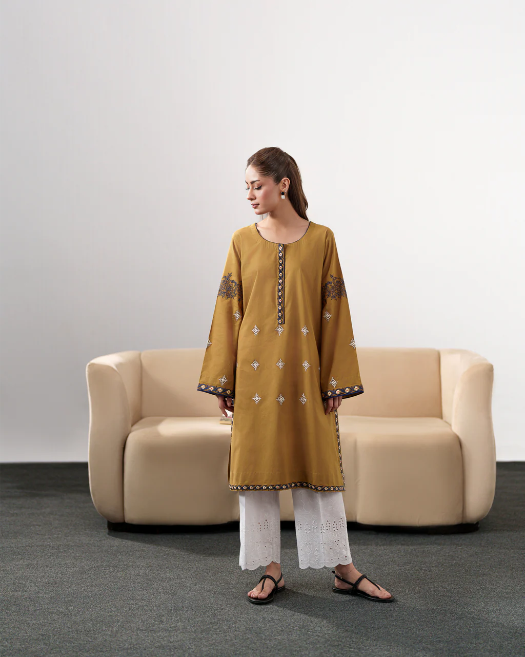 IZEL-3PC DHANAK EMBROIDERED SHIRT WITH DHANAK SHAWL AND EMB TROUSE-UR-4086