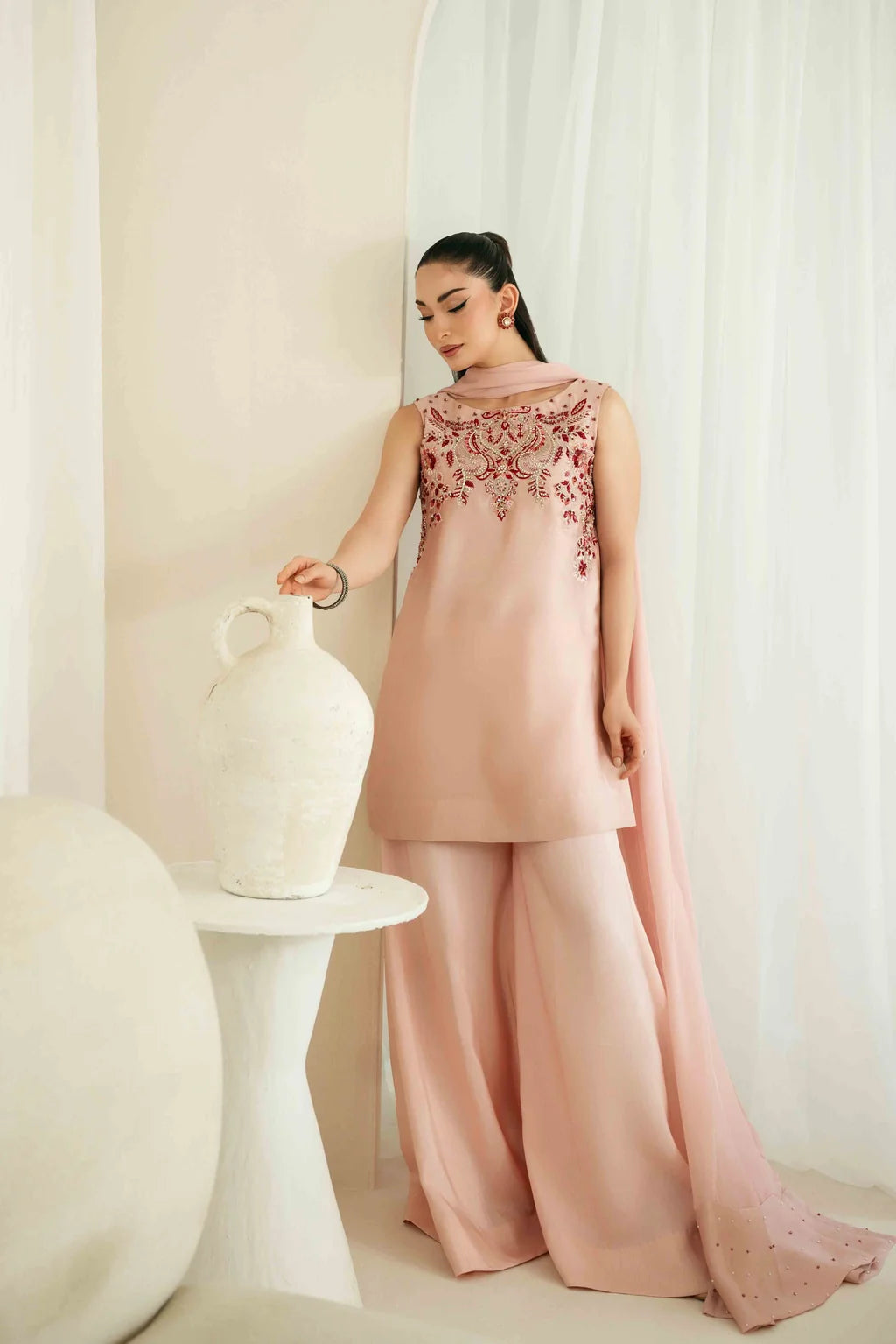 KAIDA-3PC-RAW SILK HAND EMB EMBELLISHED SHIRT WITH SOFT SILK EMB DUPATTA AND RAW SILK TROUSER-UR-121`