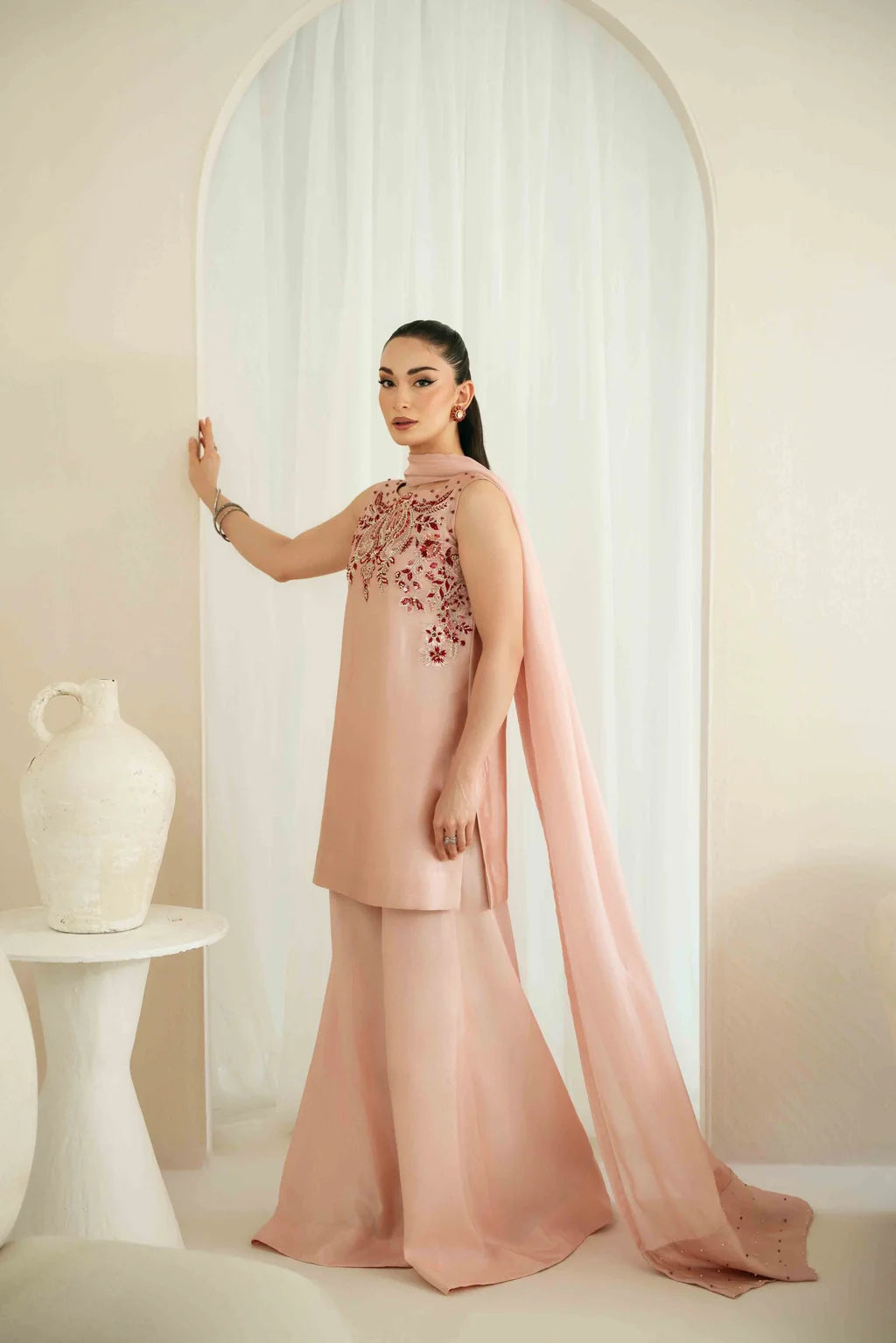 KAIDA-3PC-RAW SILK HAND EMB EMBELLISHED SHIRT WITH SOFT SILK EMB DUPATTA AND RAW SILK TROUSER-UR-121`