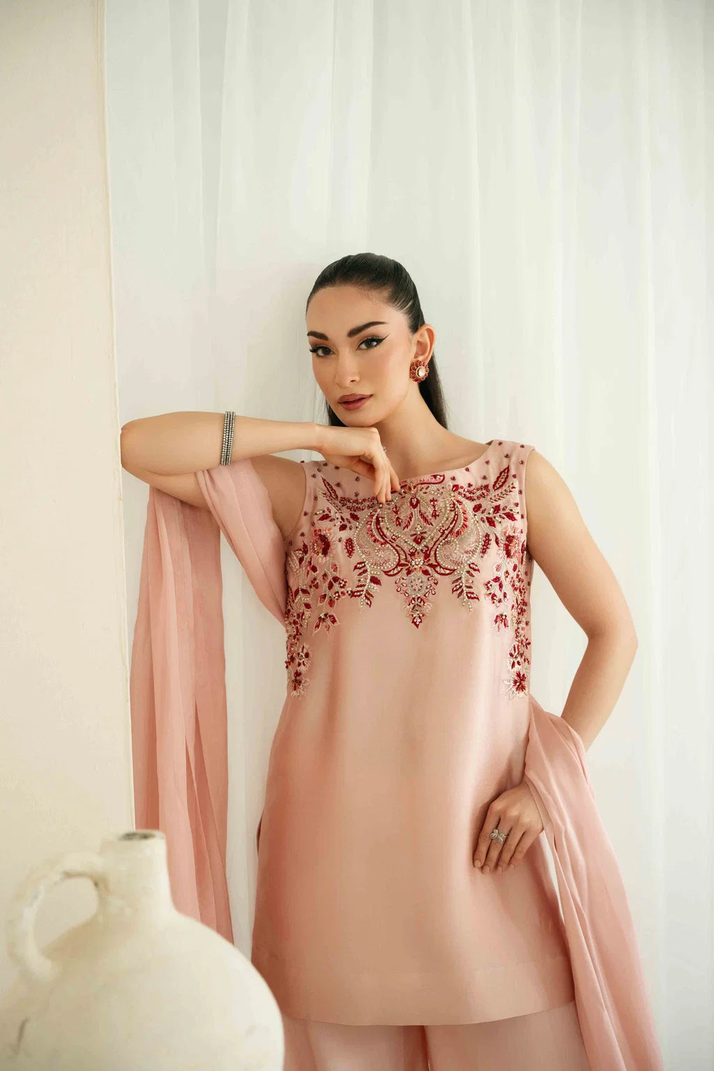 KAIDA-3PC-RAW SILK HAND EMB EMBELLISHED SHIRT WITH SOFT SILK EMB DUPATTA AND RAW SILK TROUSER-UR-121`