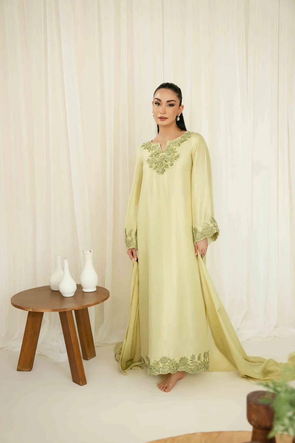KAIDA-3PC-RAW SILK HAND EMBELLISHED SHIRT EMBROIDERED SOFT SILK DUPATTA AND RAW SILK TROUSER-UR-119