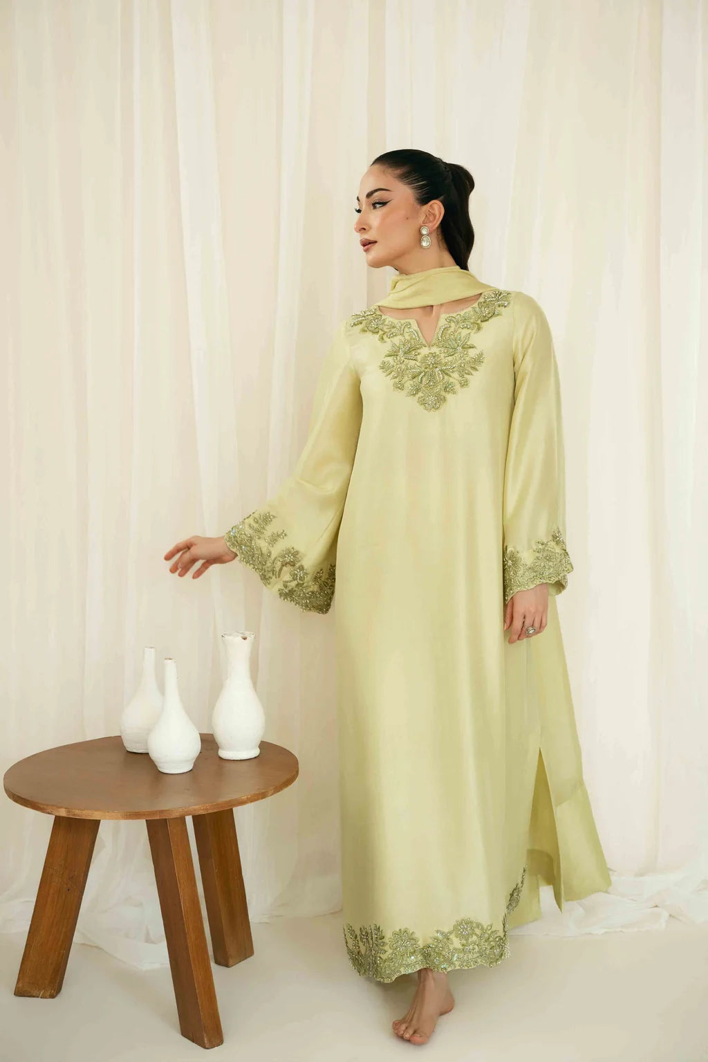KAIDA-3PC-RAW SILK HAND EMBELLISHED SHIRT EMBROIDERED SOFT SILK DUPATTA AND RAW SILK TROUSER-UR-119
