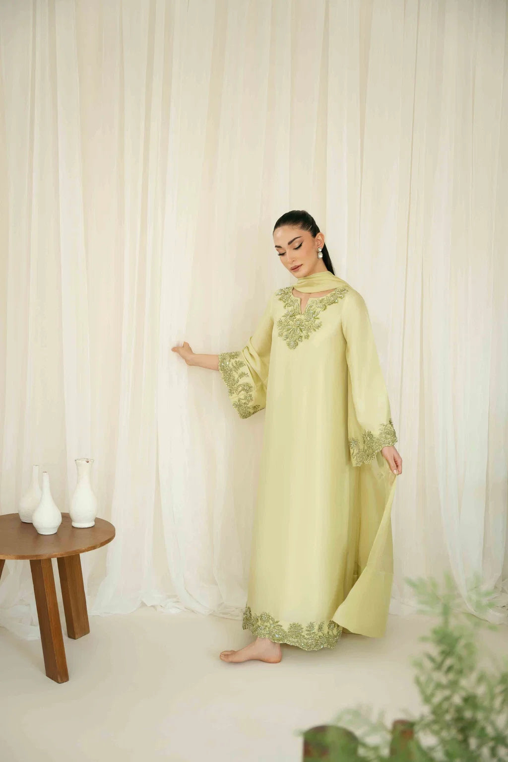 KAIDA-3PC-RAW SILK HAND EMBELLISHED SHIRT EMBROIDERED SOFT SILK DUPATTA AND RAW SILK TROUSER-UR-119