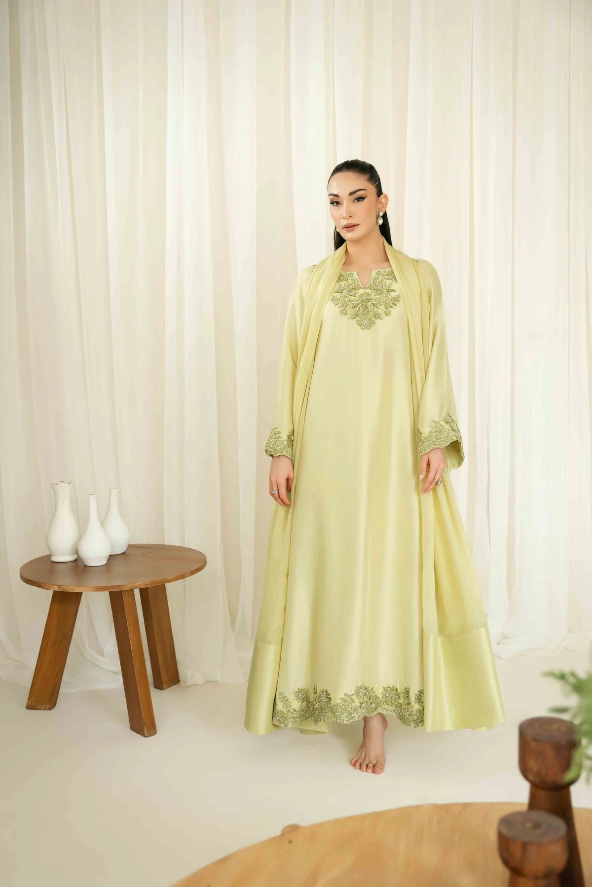 KAIDA-3PC-RAW SILK HAND EMBELLISHED SHIRT EMBROIDERED SOFT SILK DUPATTA AND RAW SILK TROUSER-UR-119