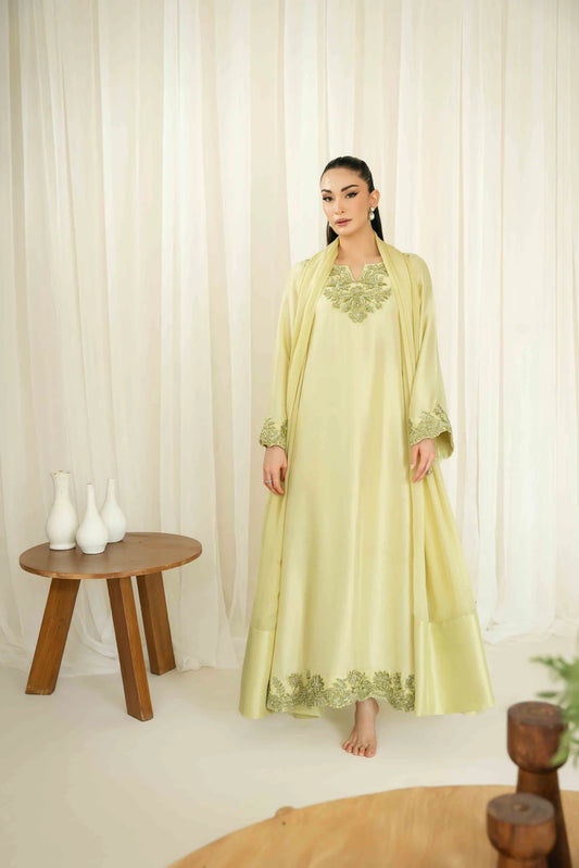 KAIDA-3PC-RAW SILK HAND EMBELLISHED SHIRT EMBROIDERED SOFT SILK DUPATTA AND RAW SILK TROUSER-UR-119